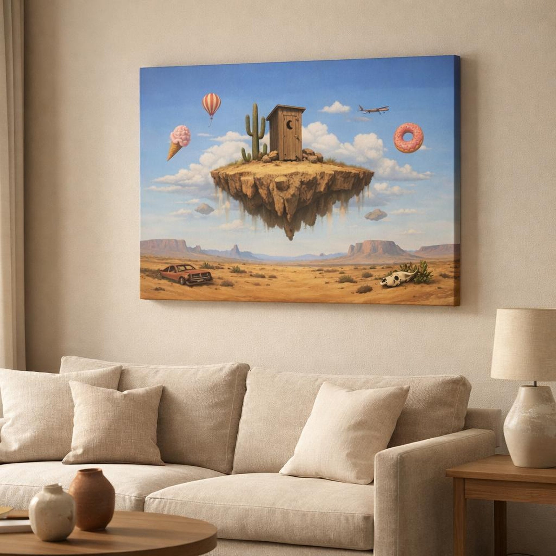 Funny Sky Desert shown as canvas wall art in a modern living room