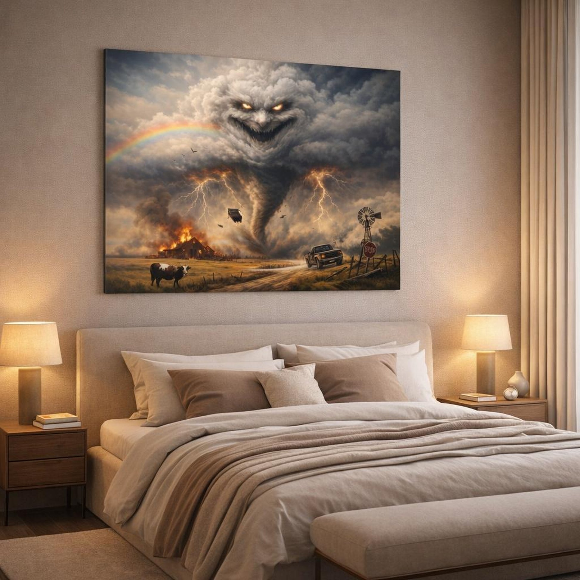 Funny Sky Storm shown as canvas wall art in a luxury bedroom