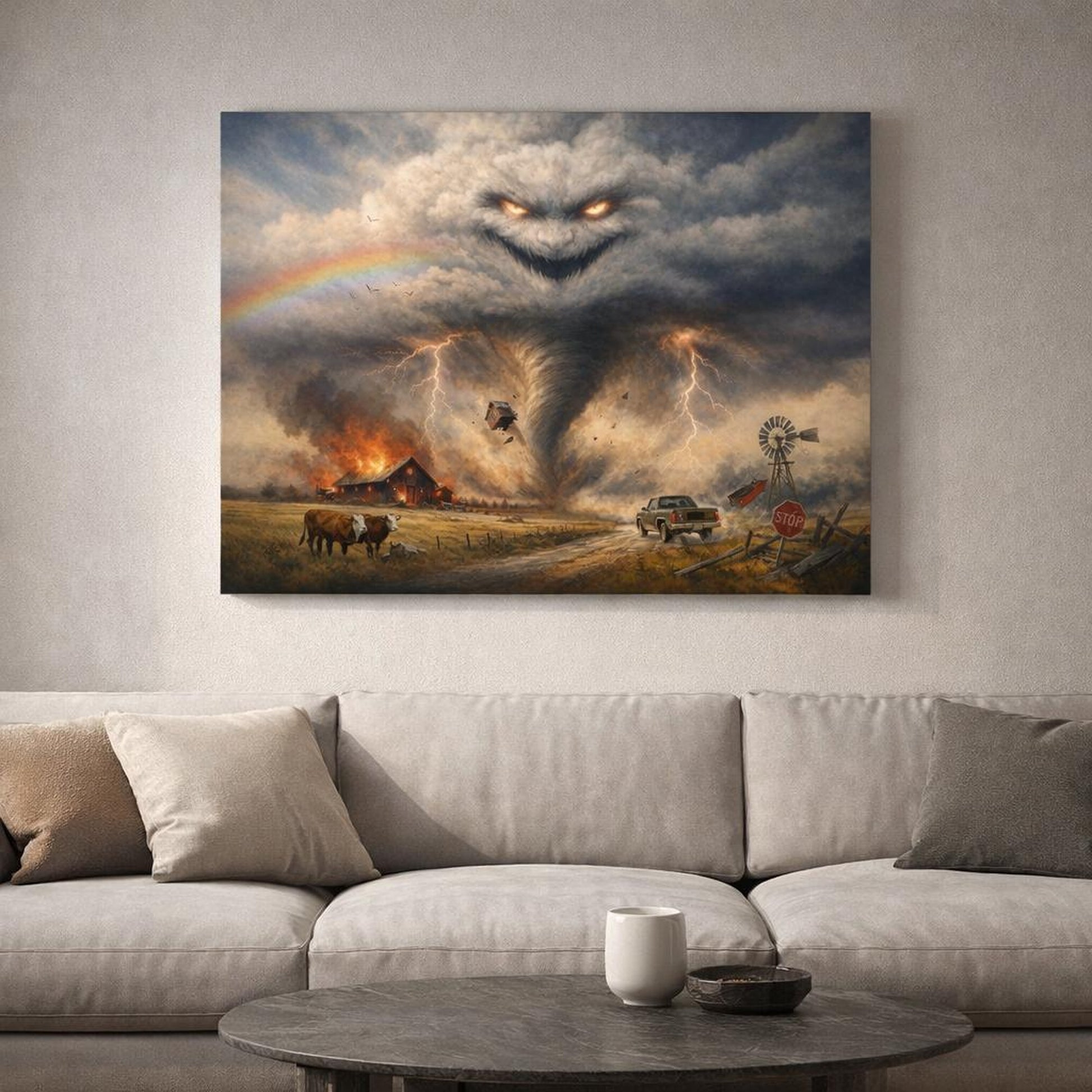 Funny Sky Storm shown as canvas wall art in a refined dining room