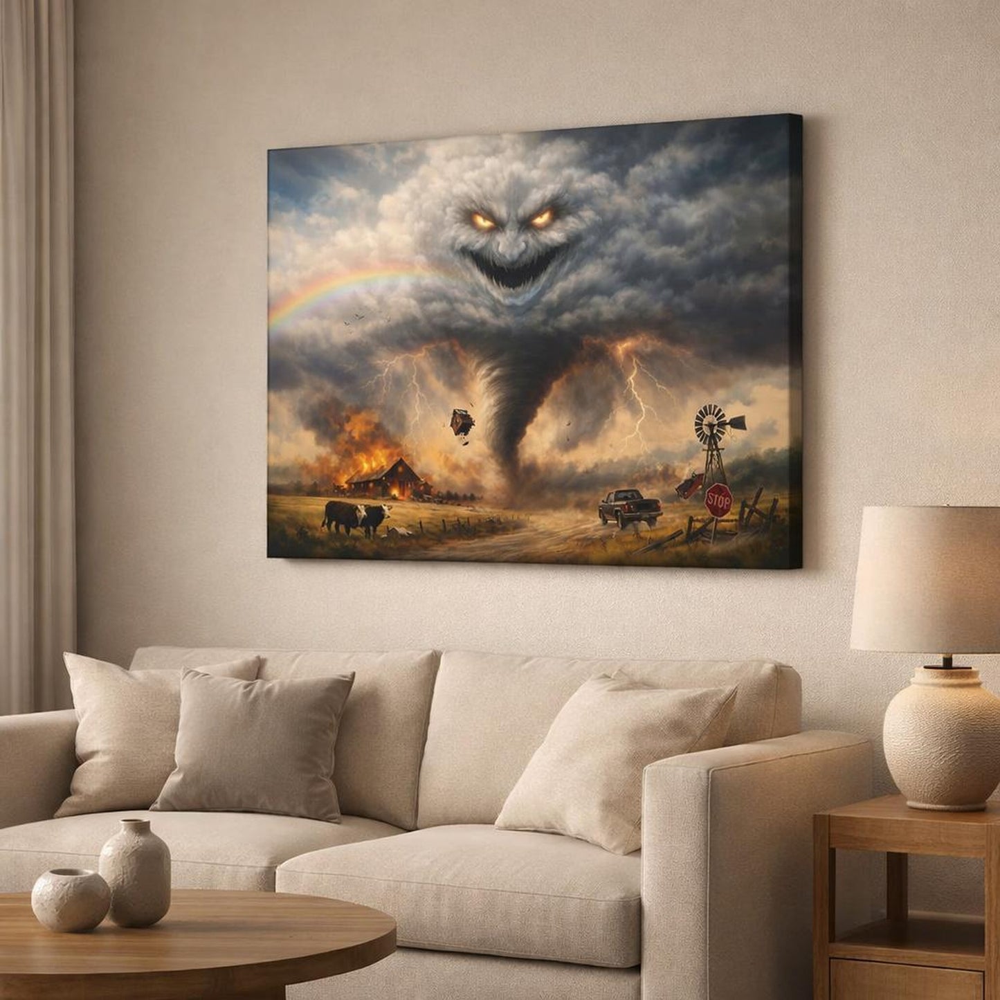 Funny Sky Storm shown as canvas wall art in a modern living room