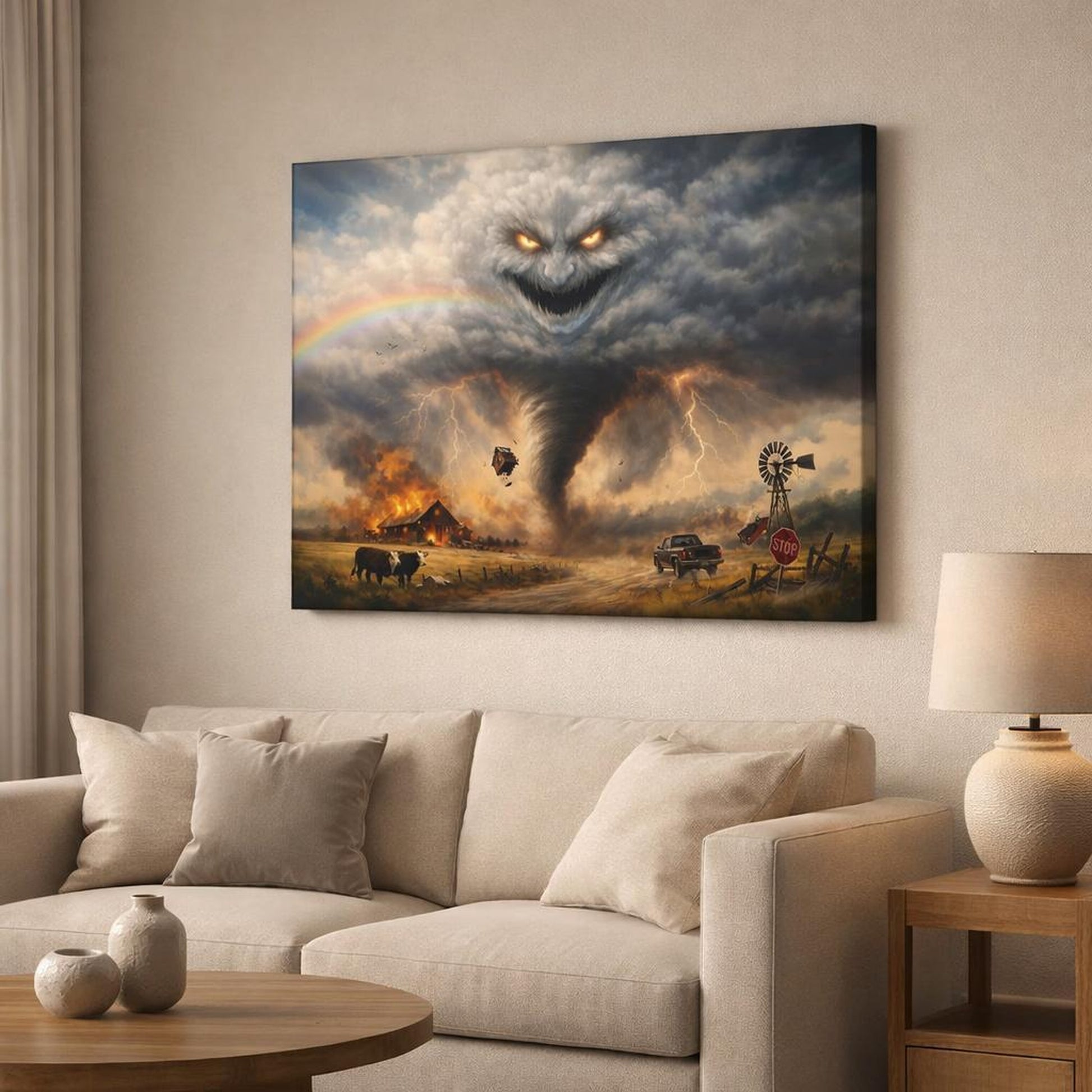 Funny Sky Storm shown as canvas wall art in a modern living room