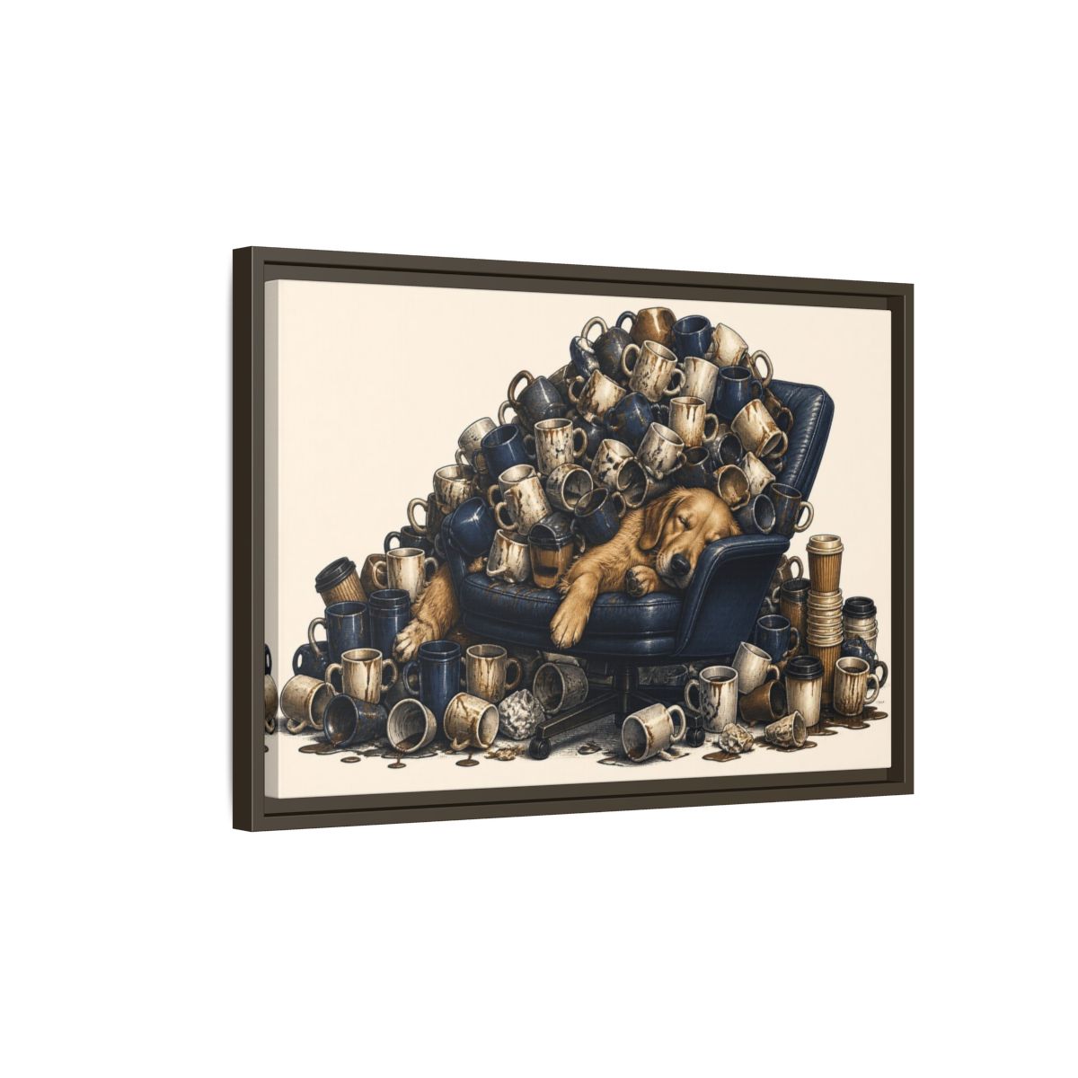Side Mockup 2. Funny Sleeping Dog Pile shown as framed canvas print