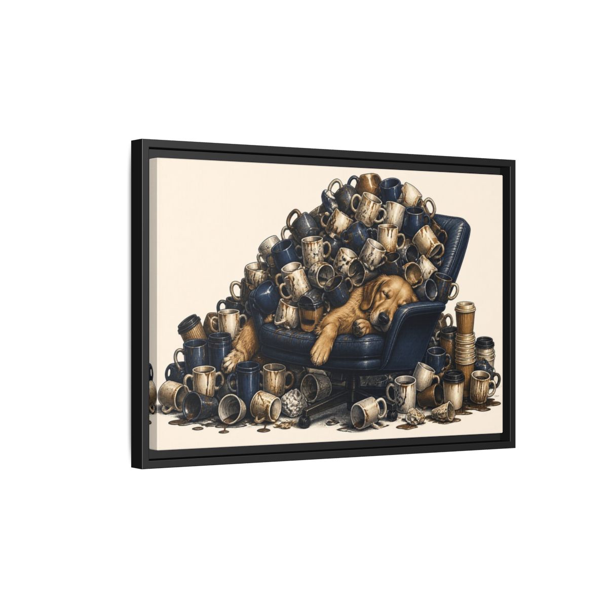 Side Mockup 3. Funny Sleeping Dog Pile shown as framed canvas print