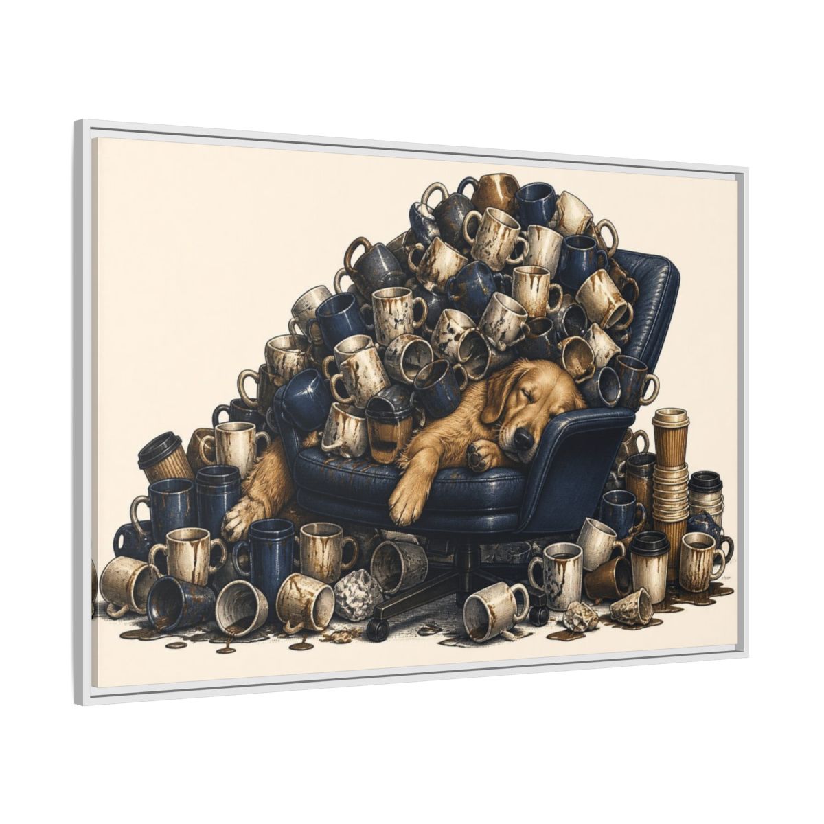 Side Mockup 7. Funny Sleeping Dog Pile shown as framed canvas print