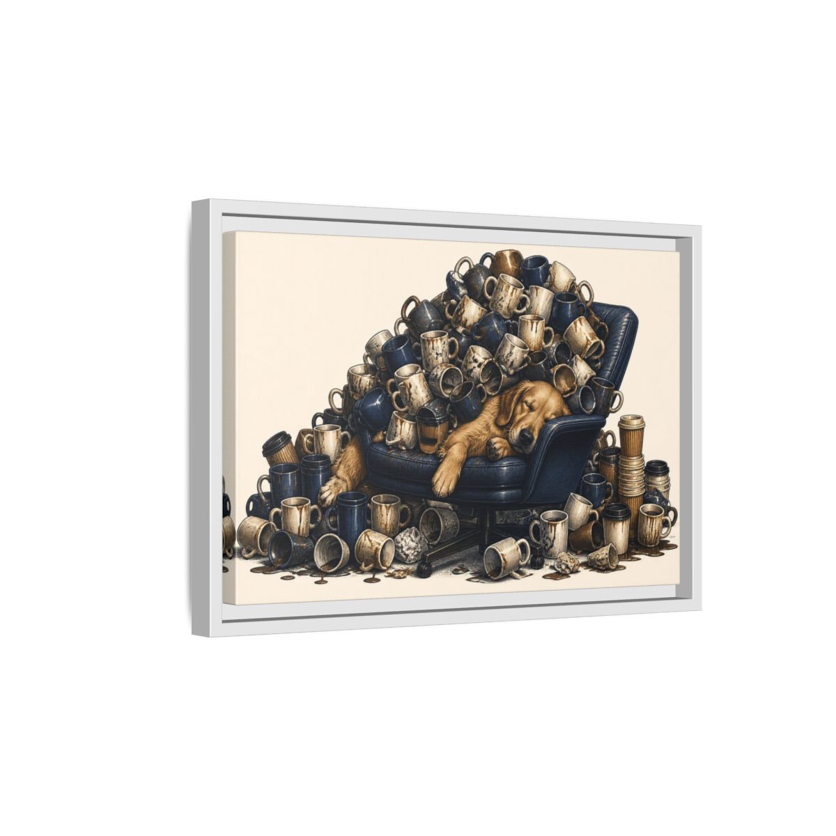 Side Mockup 4. Funny Sleeping Dog Pile shown as framed canvas print