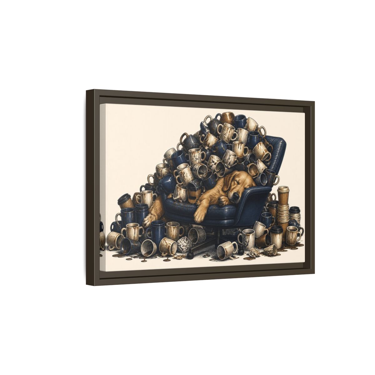 Side Mockup 5. Funny Sleeping Dog Pile shown as framed canvas print