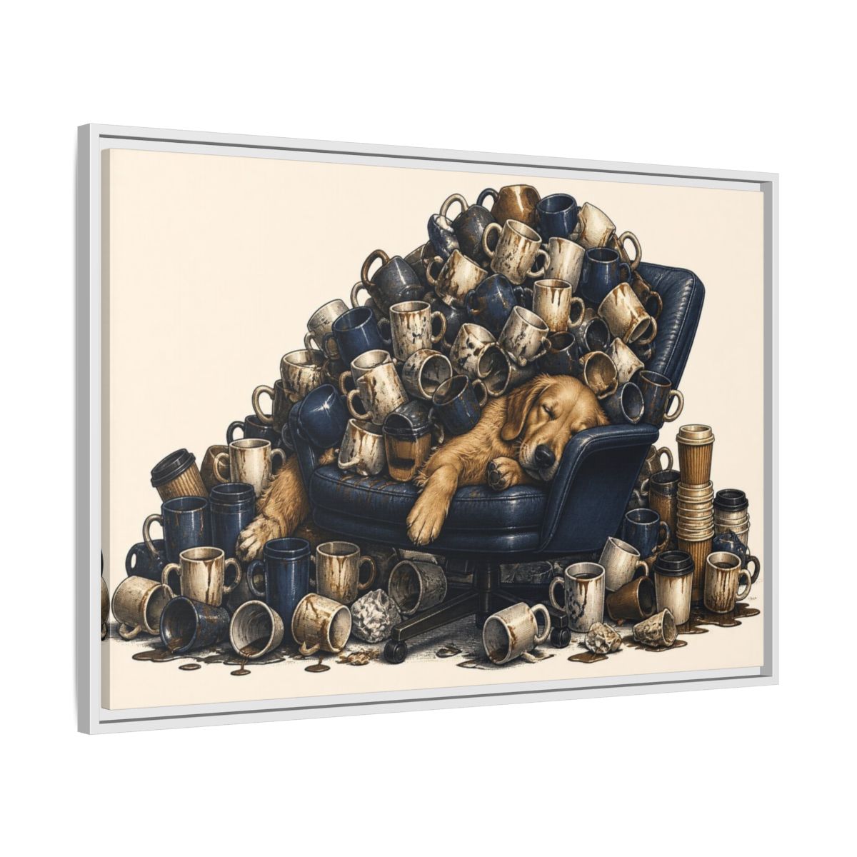 Side Mockup 9. Funny Sleeping Dog Pile shown as framed canvas print