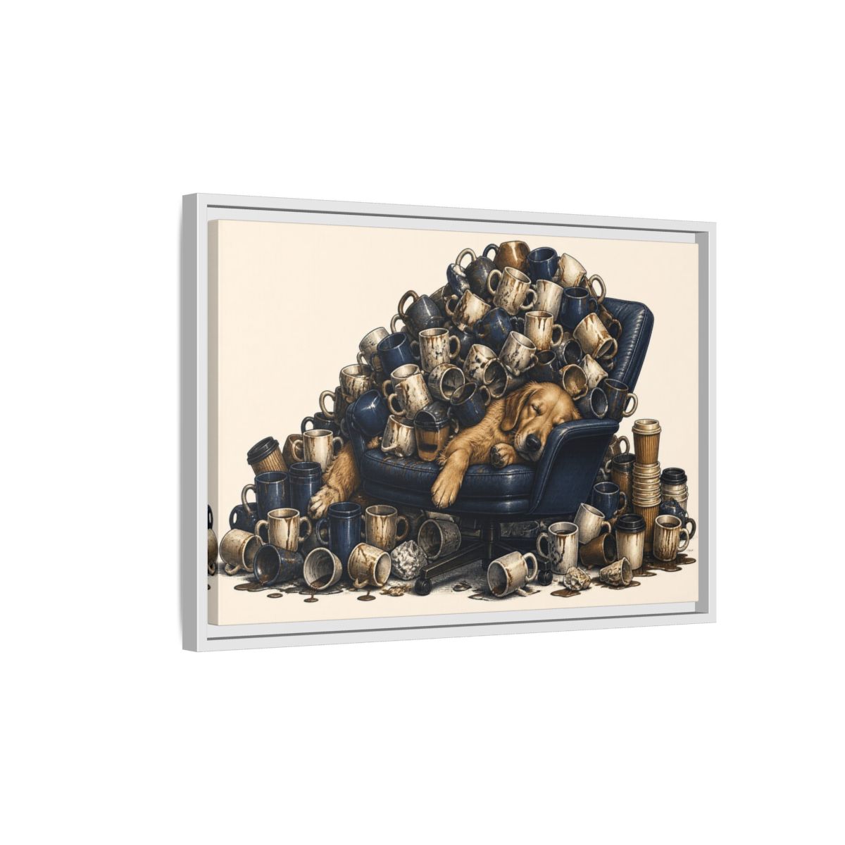 Side Mockup 1. Funny Sleeping Dog Pile shown as framed canvas print