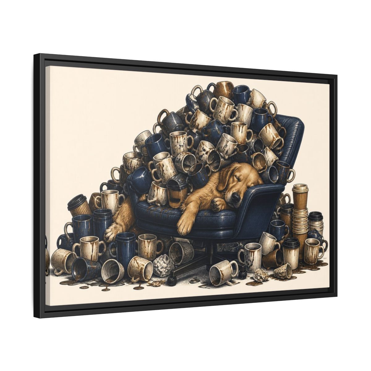 Side Mockup 14. Funny Sleeping Dog Pile shown as framed canvas print