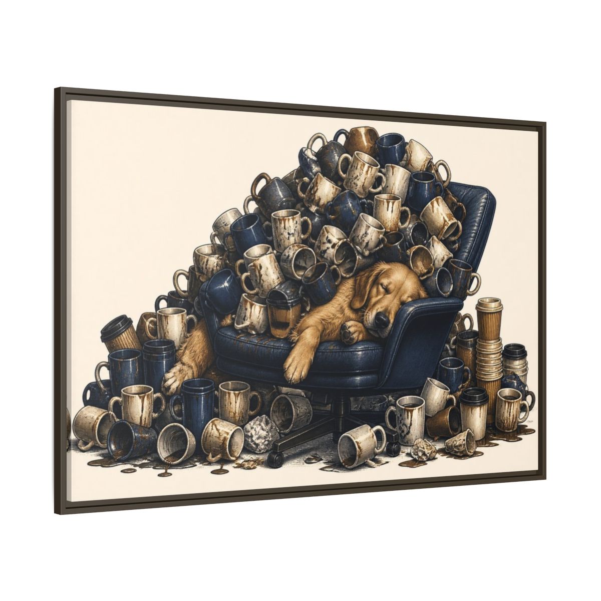 Side Mockup 8. Funny Sleeping Dog Pile shown as framed canvas print