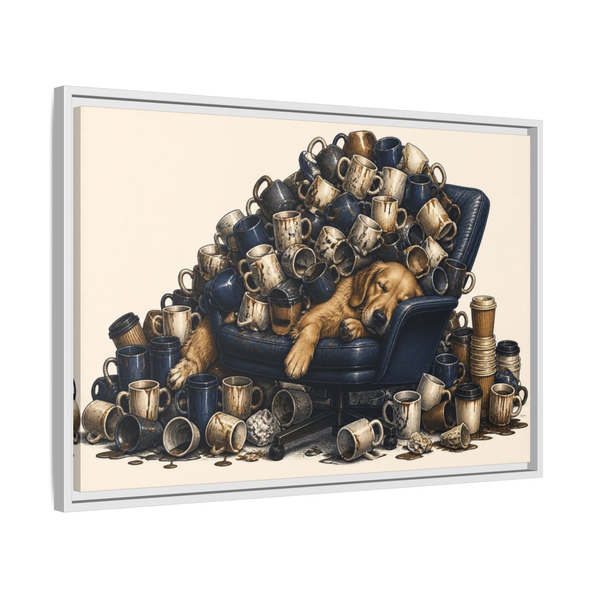 Side Mockup 10. Funny Sleeping Dog Pile shown as framed canvas print