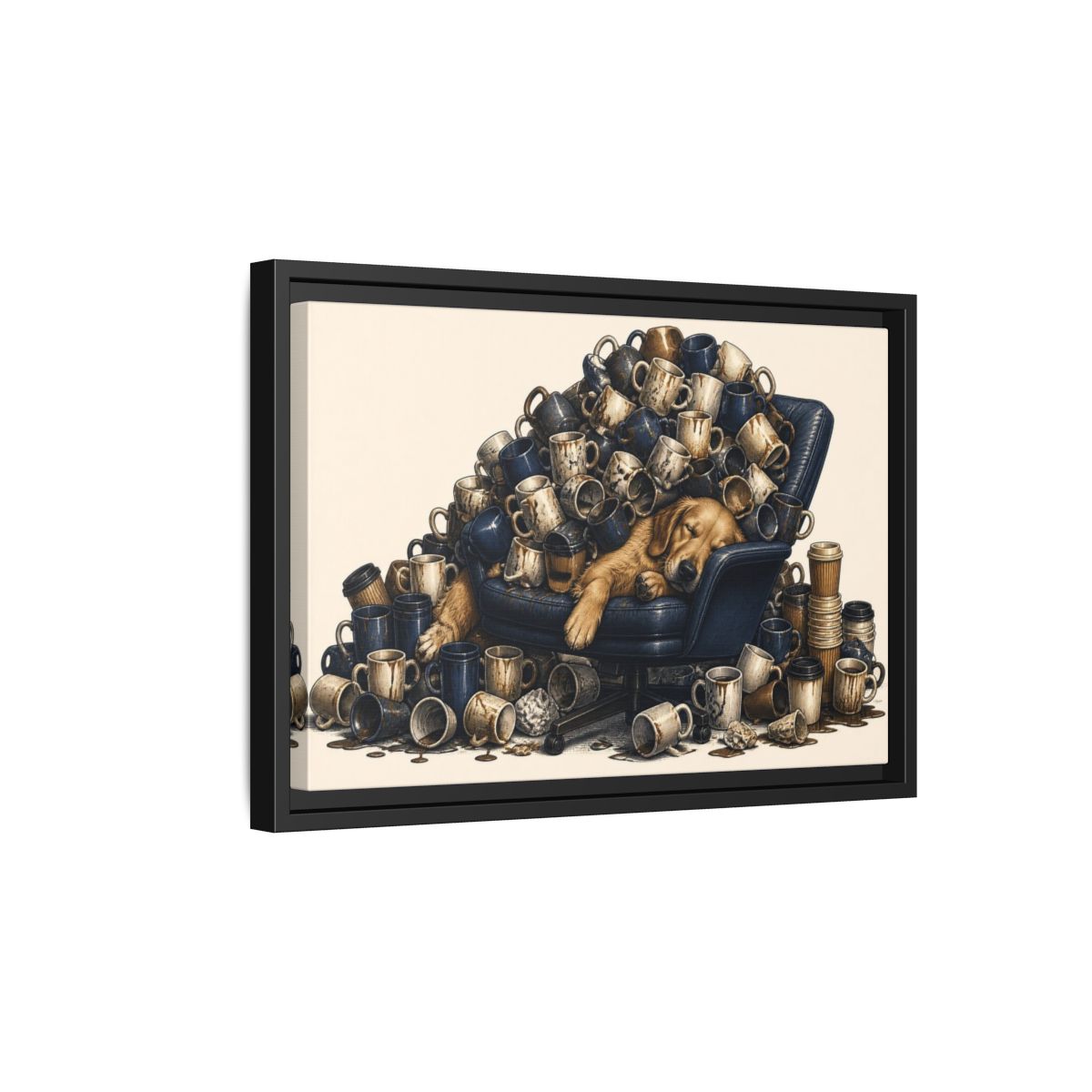 Side Mockup 6. Funny Sleeping Dog Pile shown as framed canvas print