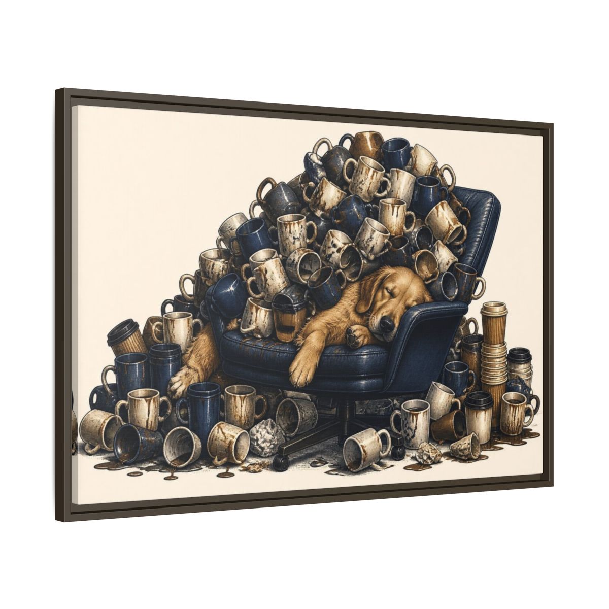 Main Mockup. Funny Sleeping Dog Pile shown as framed canvas print