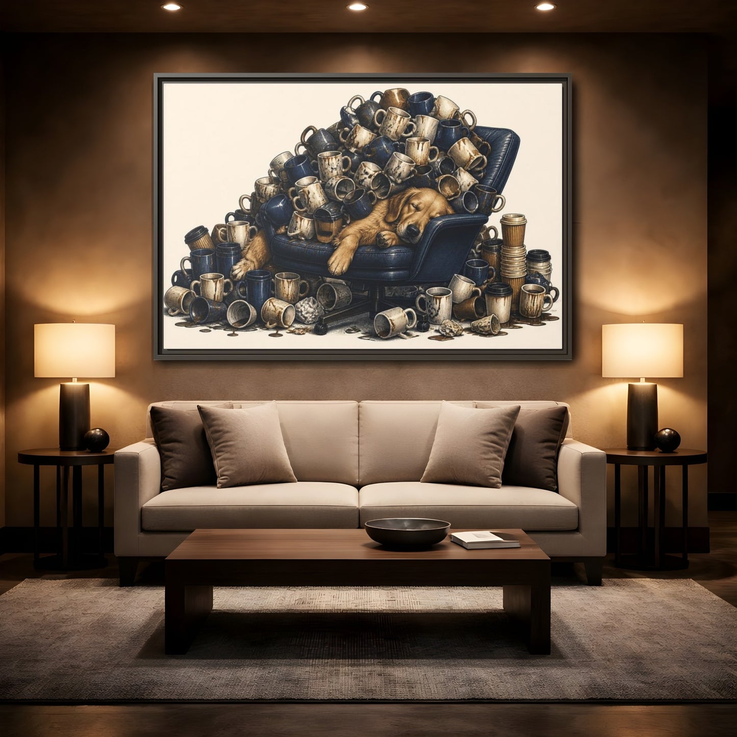 Mockup 2. Funny Sleeping Dog Pile shown as framed canvas print
