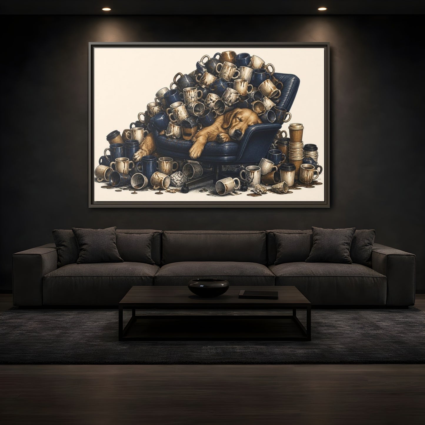 Mockup 3. Funny Sleeping Dog Pile shown as framed canvas print