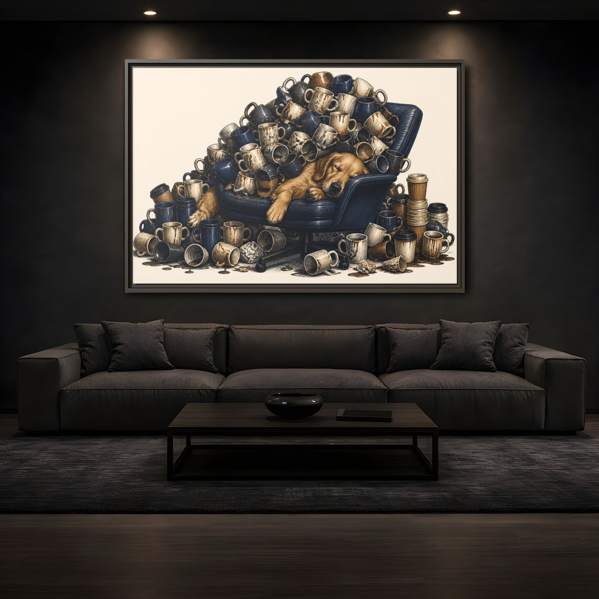 Mockup 3. Funny Sleeping Dog Pile shown as framed canvas print