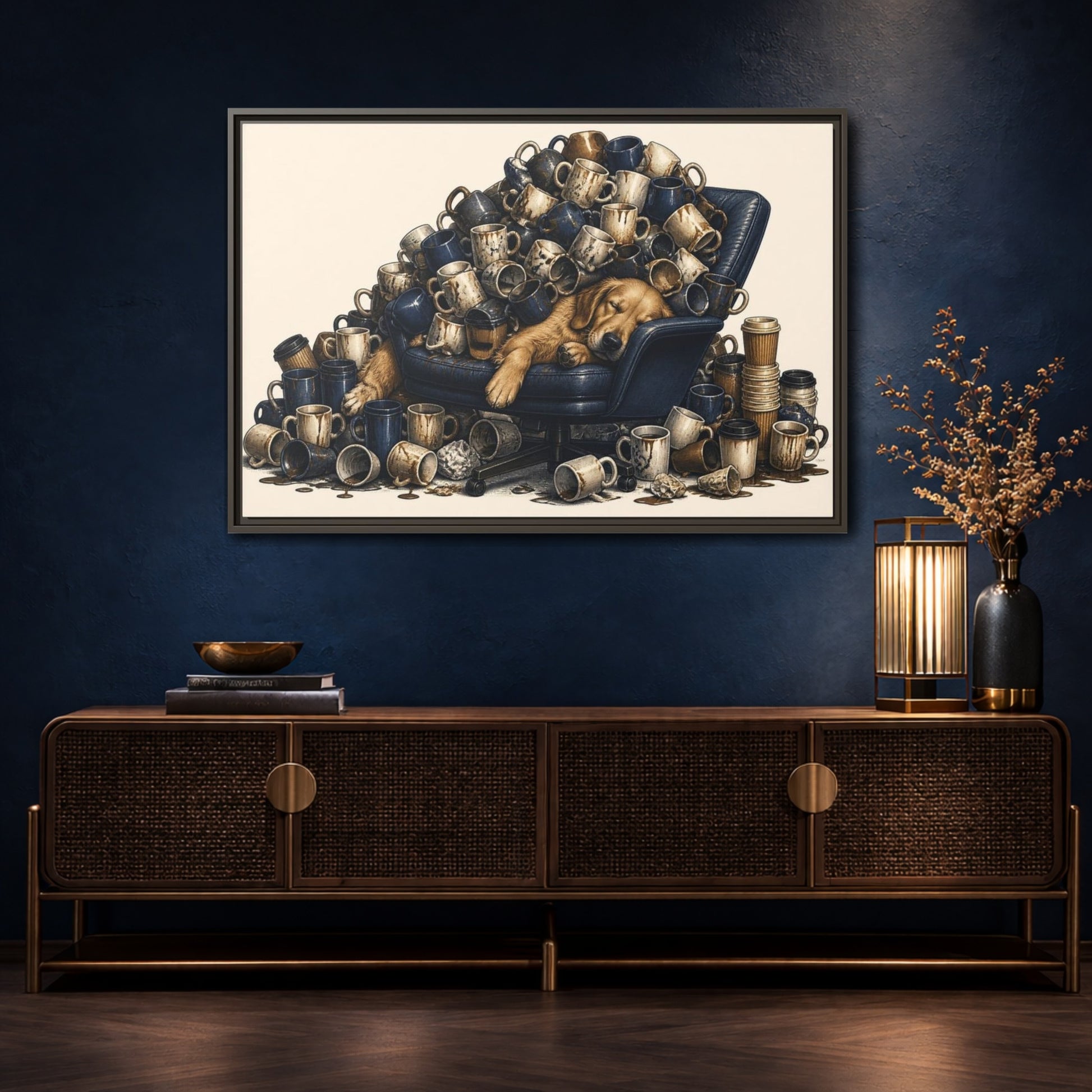Mockup 4. Funny Sleeping Dog Pile shown as framed canvas print