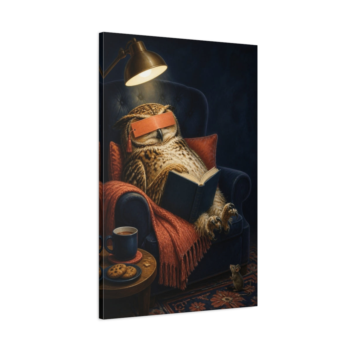Main Mockup. Funny Sleeping Owl shown as canvas print