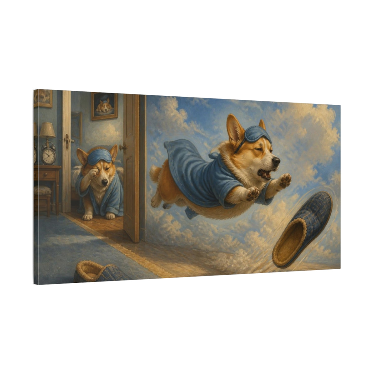 Main Mockup. Funny Sleepy Corgi Leap shown as canvas print