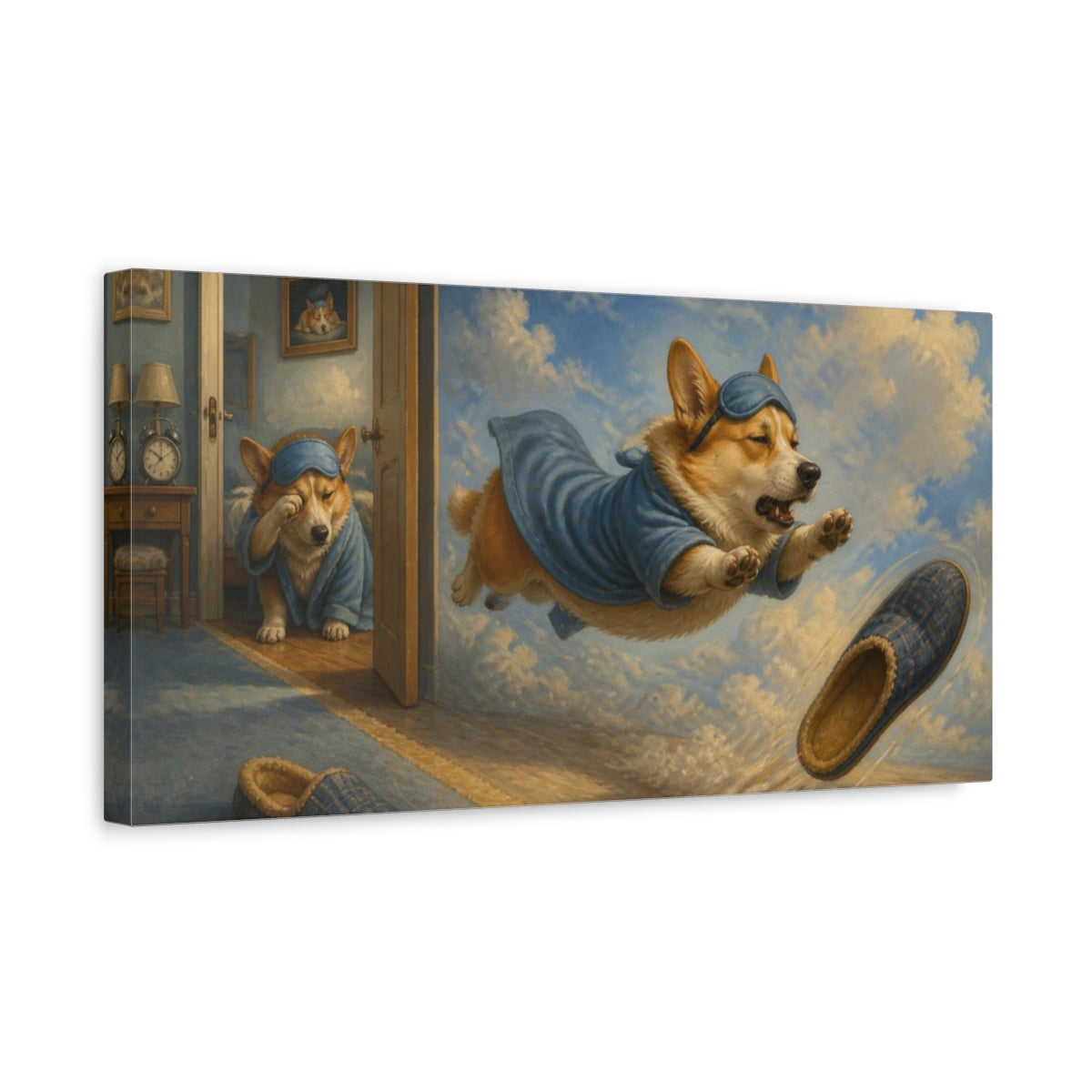Side Mockup 3. Funny Sleepy Corgi Leap shown as canvas print