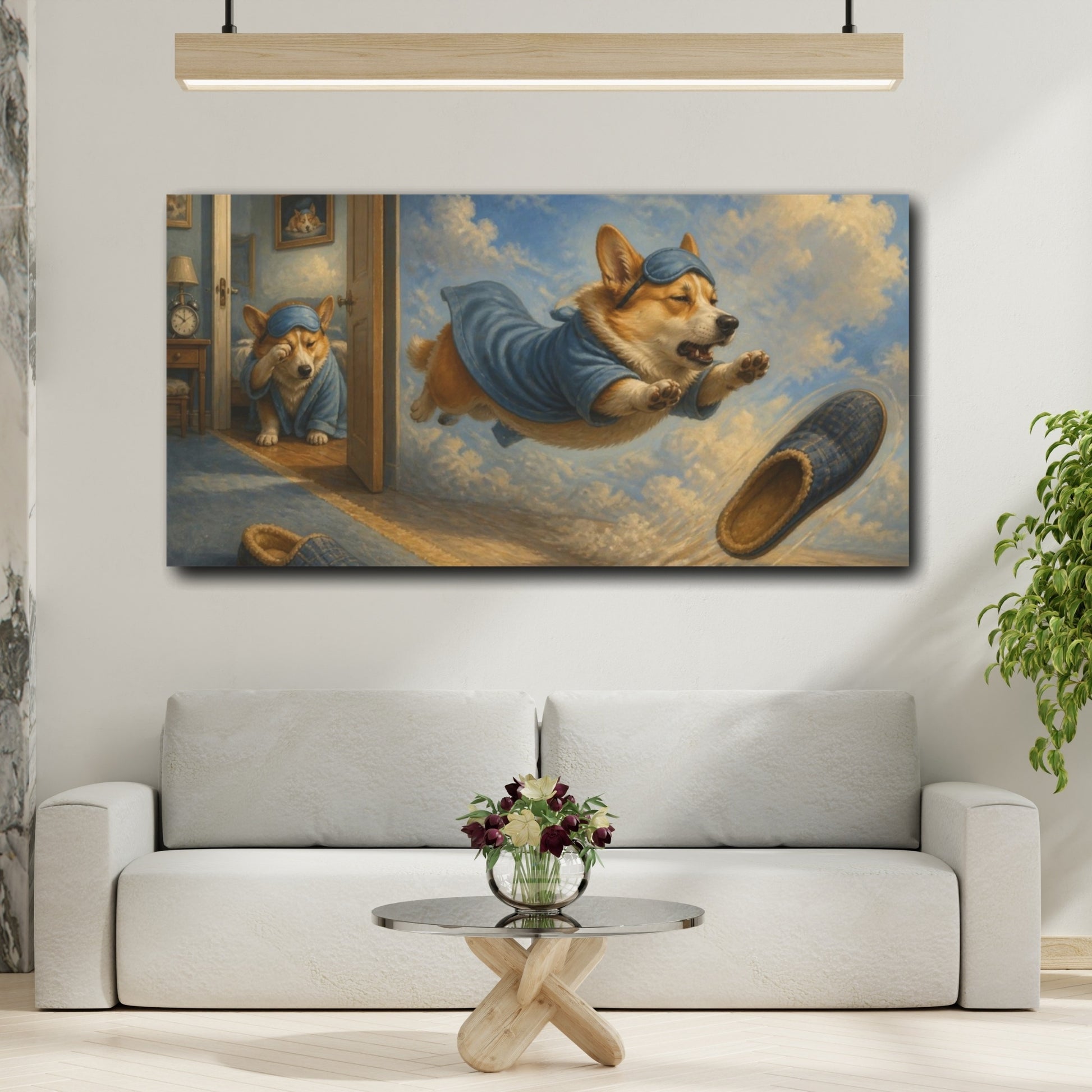 Mockup 2. Funny Sleepy Corgi Leap shown as canvas print