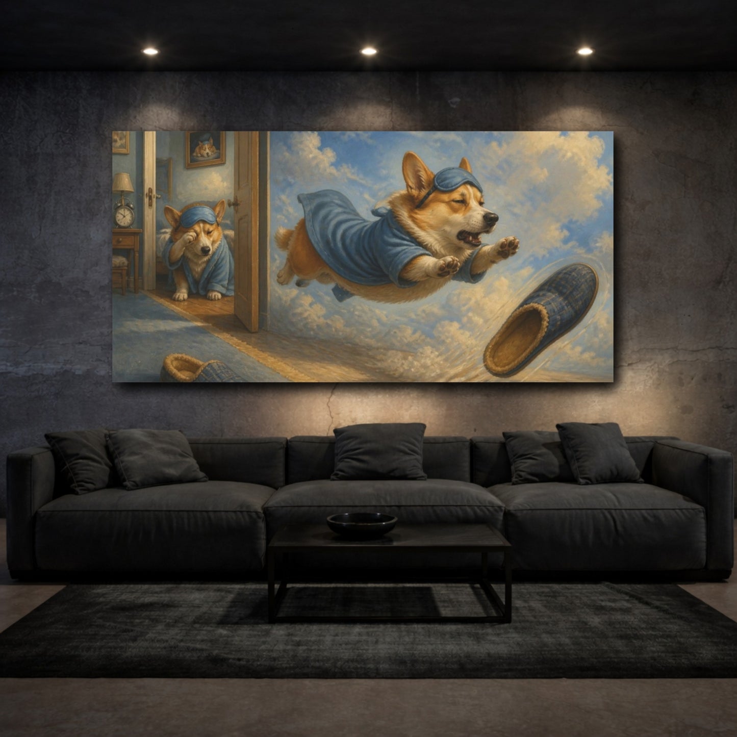 Mockup 3. Funny Sleepy Corgi Leap shown as canvas print