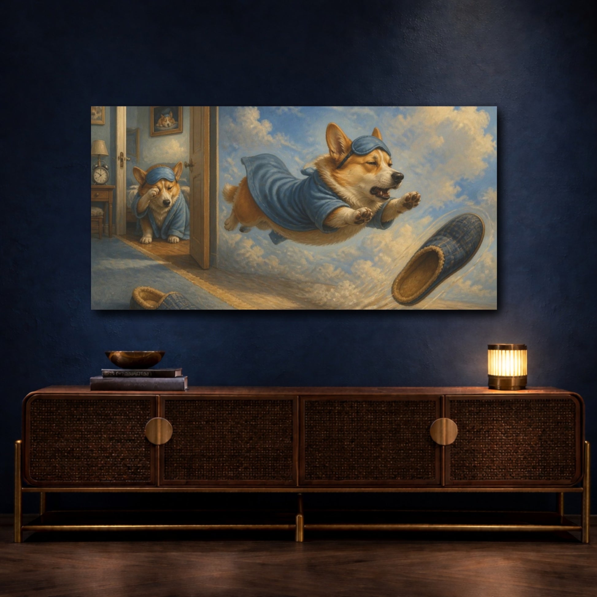 Mockup 4. Funny Sleepy Corgi Leap shown as canvas print