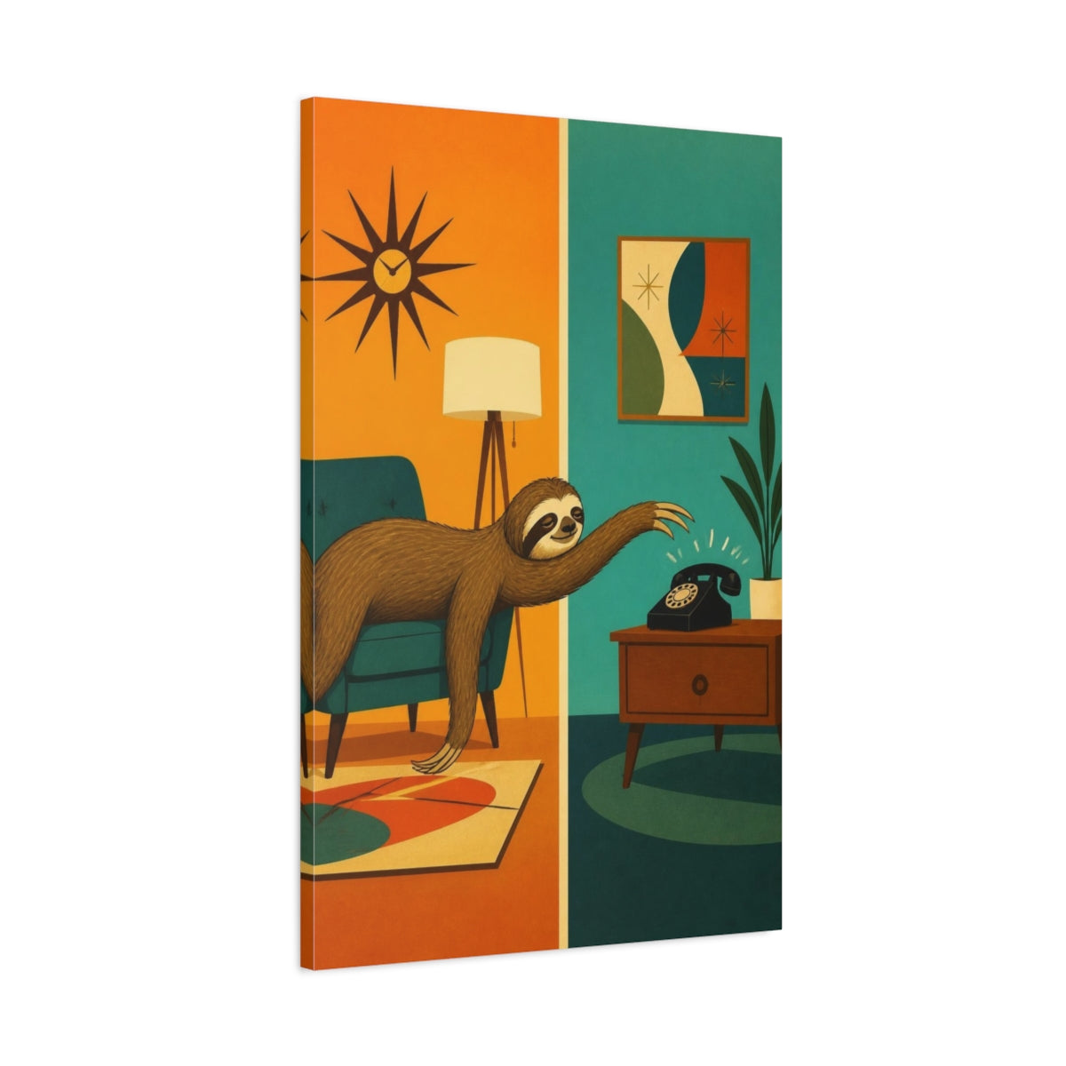 Main Mockup. Funny Sloth Reaching Phone shown as canvas print