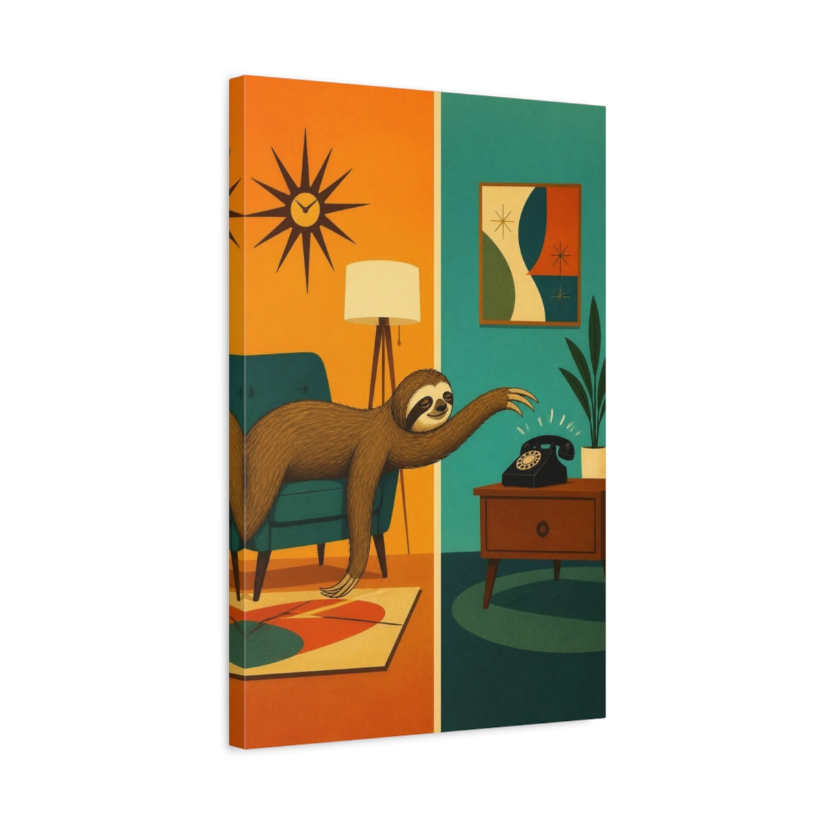 Side Mockup 3. Funny Sloth Reaching Phone shown as canvas print