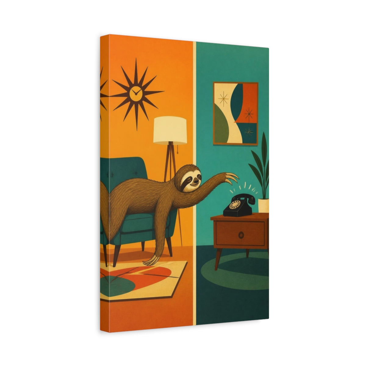 Side Mockup 4. Funny Sloth Reaching Phone shown as canvas print