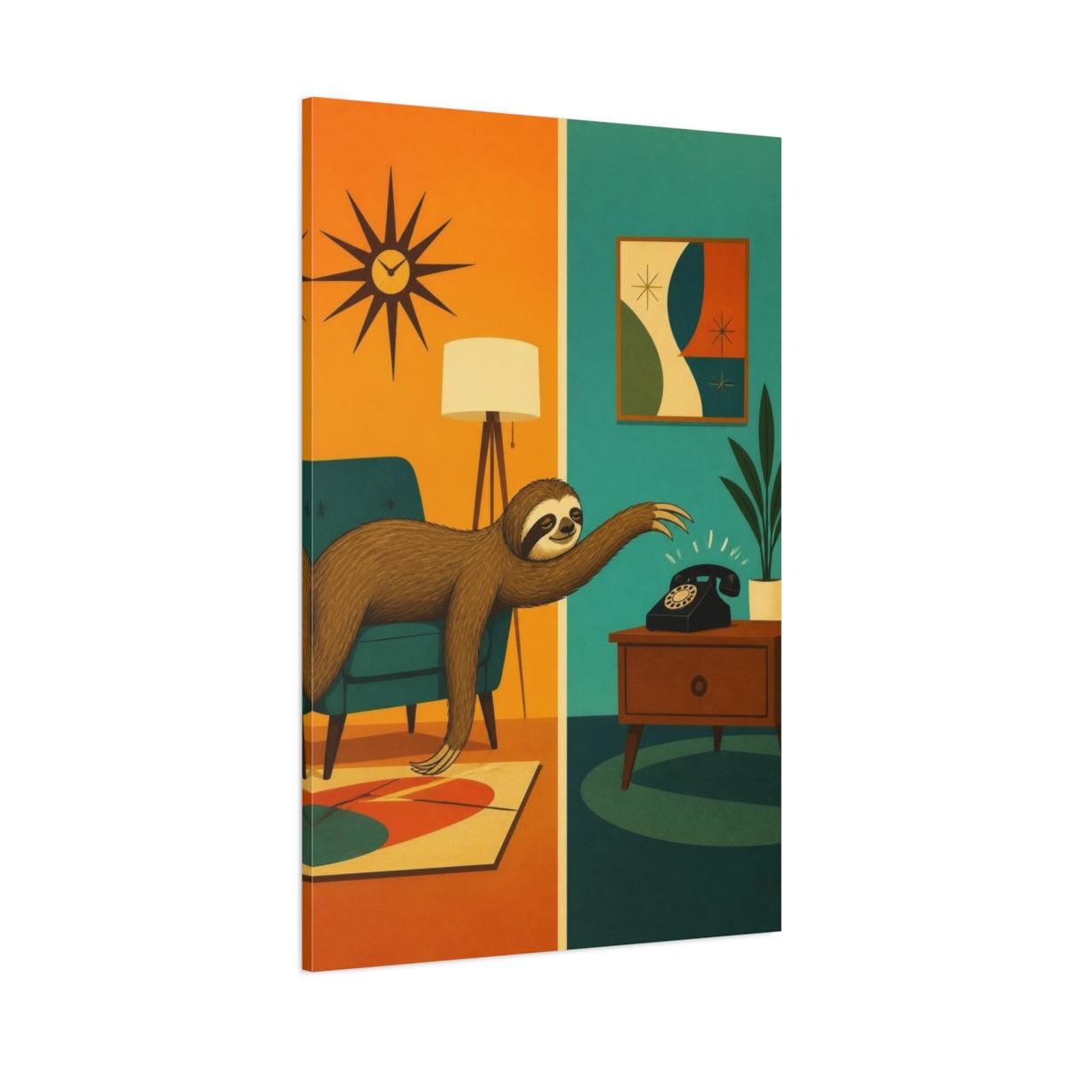 Side Mockup 1. Funny Sloth Reaching Phone shown as canvas print