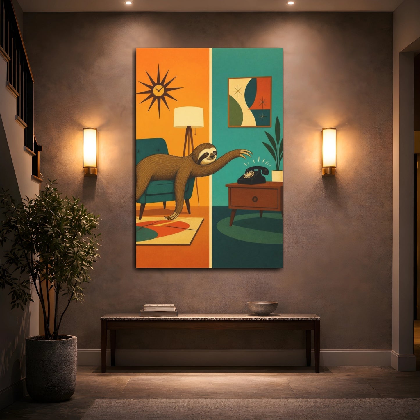 Mockup 2. Funny Sloth Reaching Phone shown as canvas print