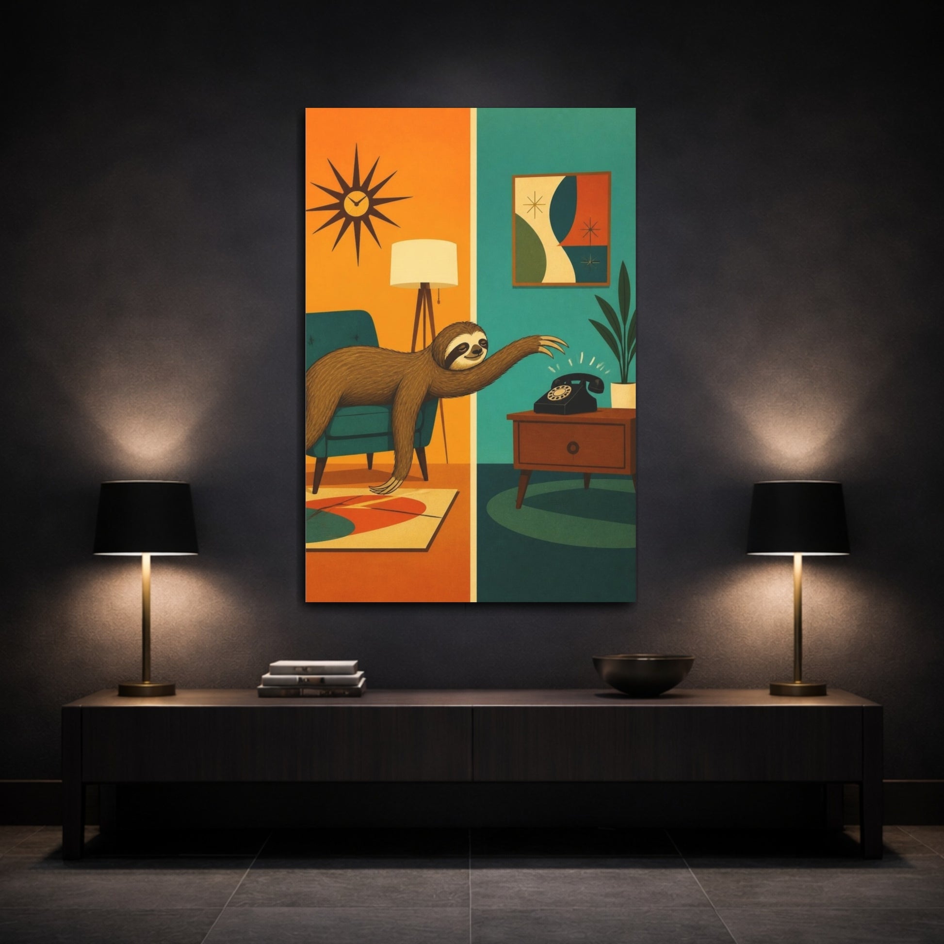 Mockup 3. Funny Sloth Reaching Phone shown as canvas print