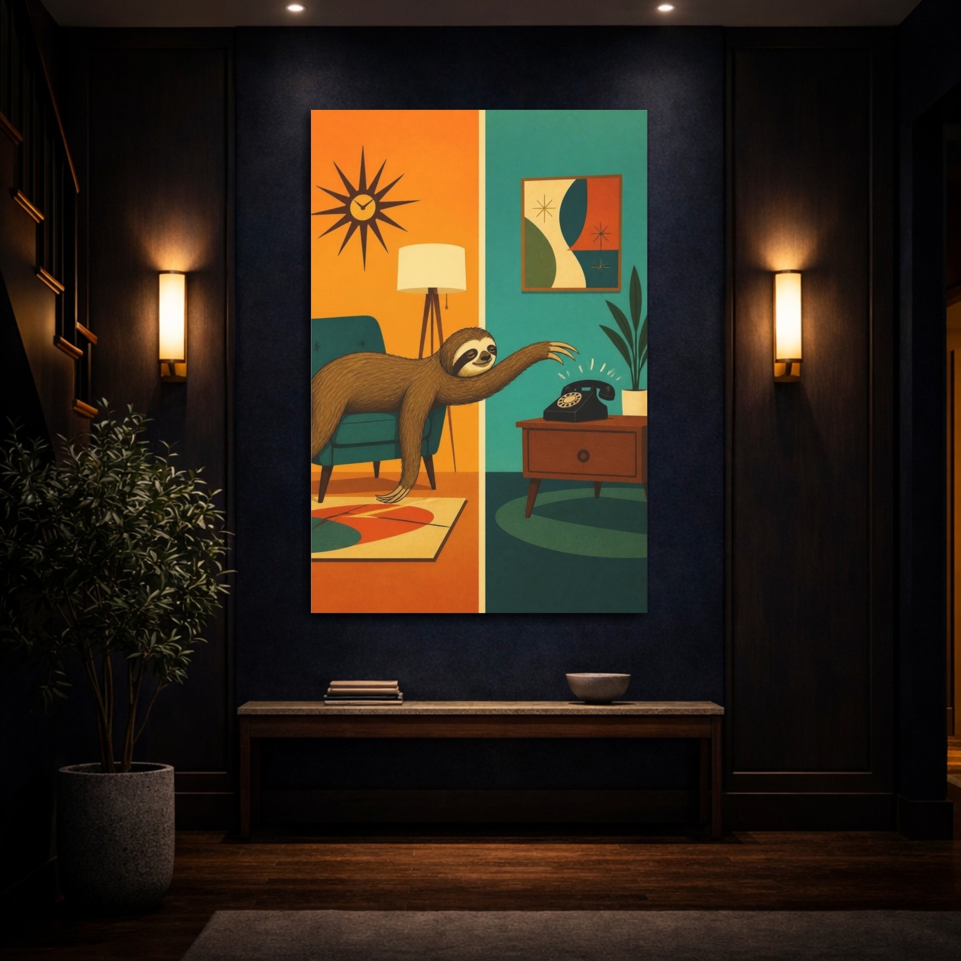 Mockup 4. Funny Sloth Reaching Phone shown as canvas print