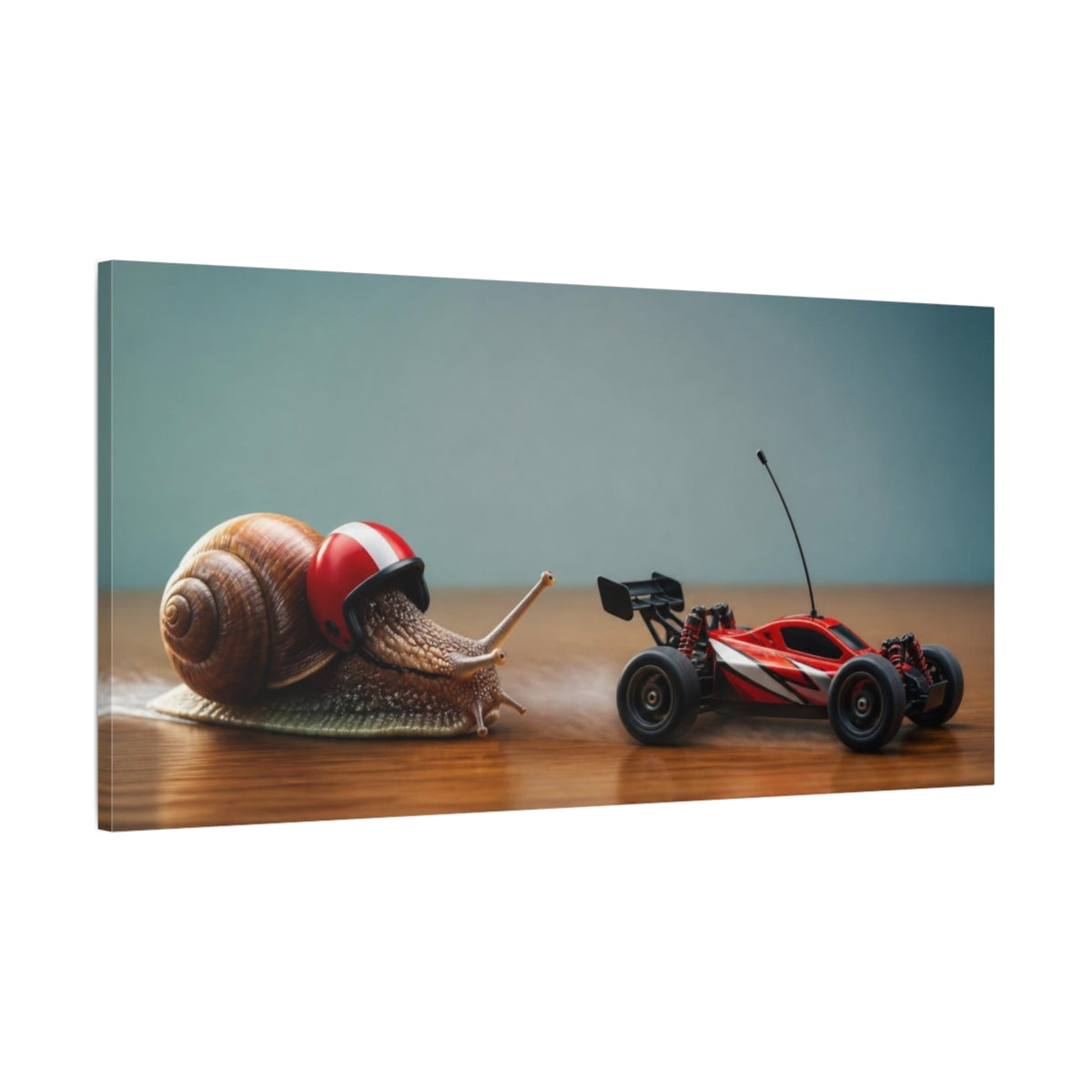 Main Mockup. Funny Snail Race shown as canvas print