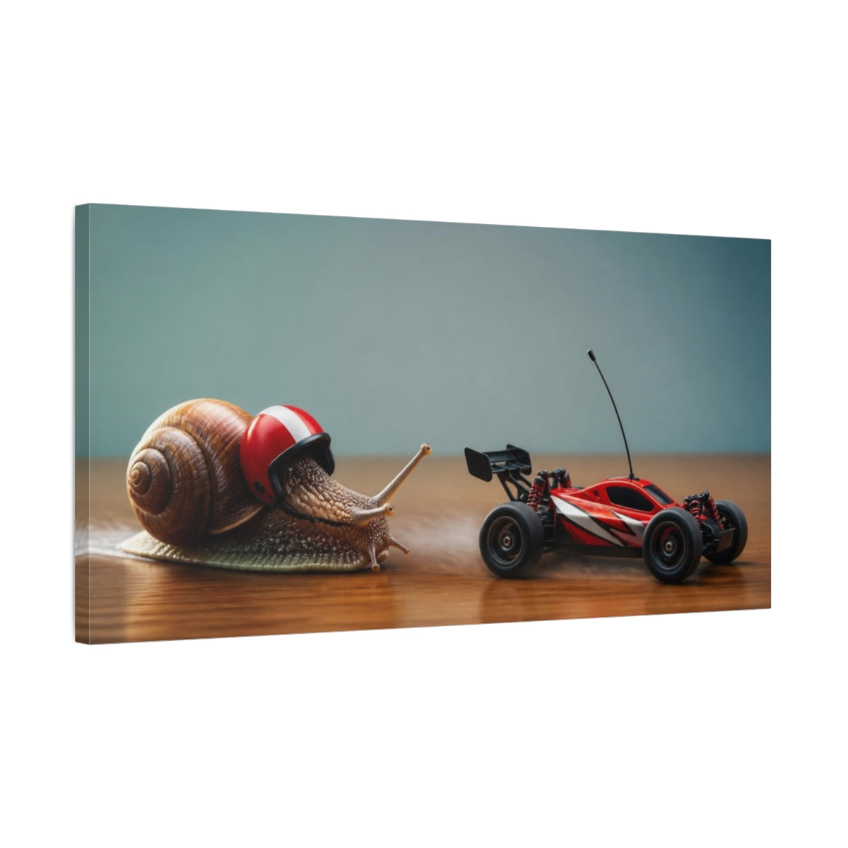 Side Mockup 1. Funny Snail Race shown as canvas print