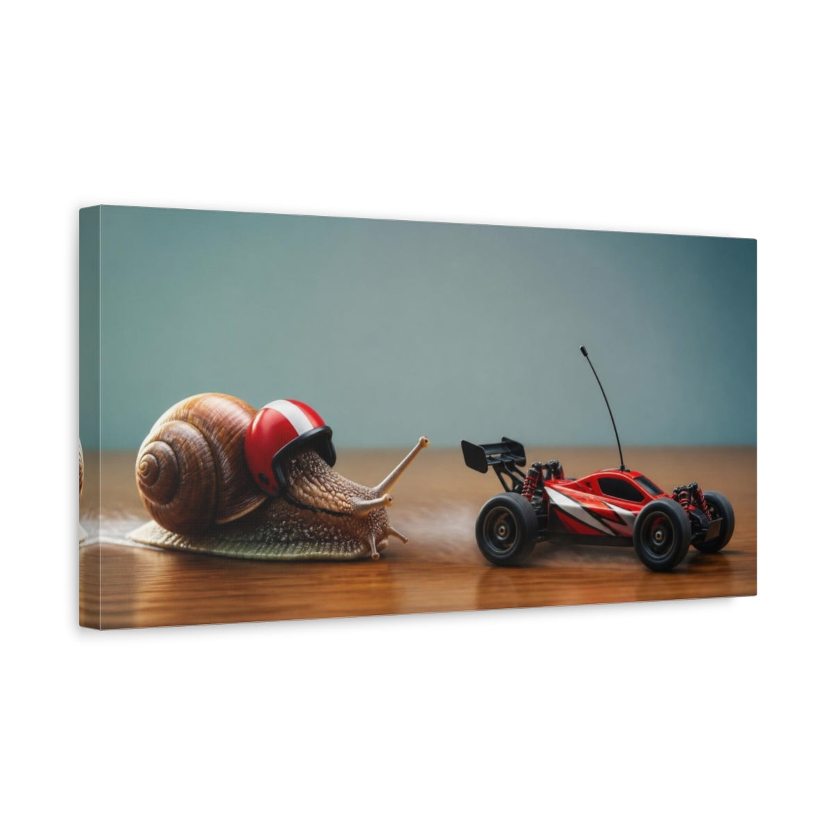 Side Mockup 3. Funny Snail Race shown as canvas print