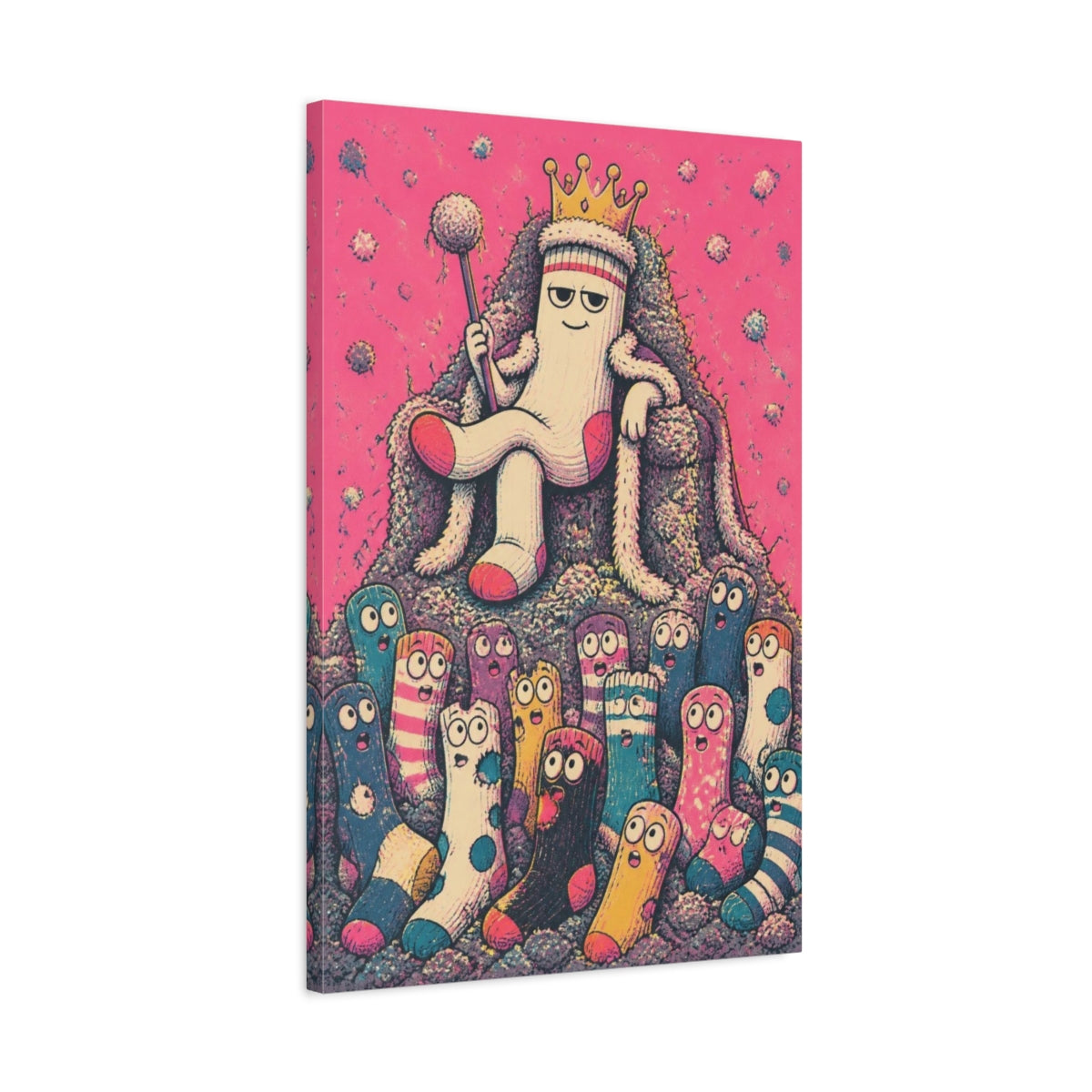 Side Mockup 2. Funny Sock King On Throne shown as canvas print