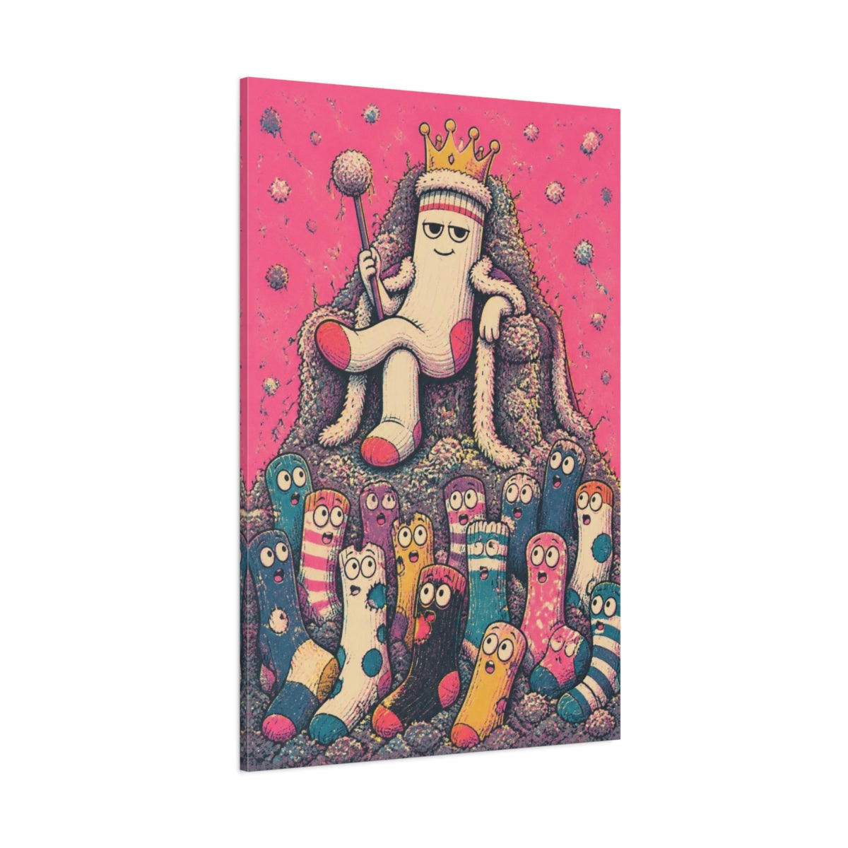 Side Mockup 1. Funny Sock King On Throne shown as canvas print