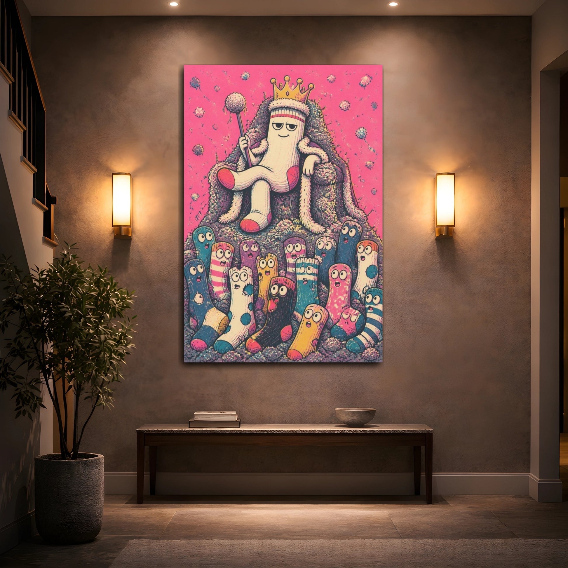 Mockup 2. Funny Sock King On Throne shown as canvas print