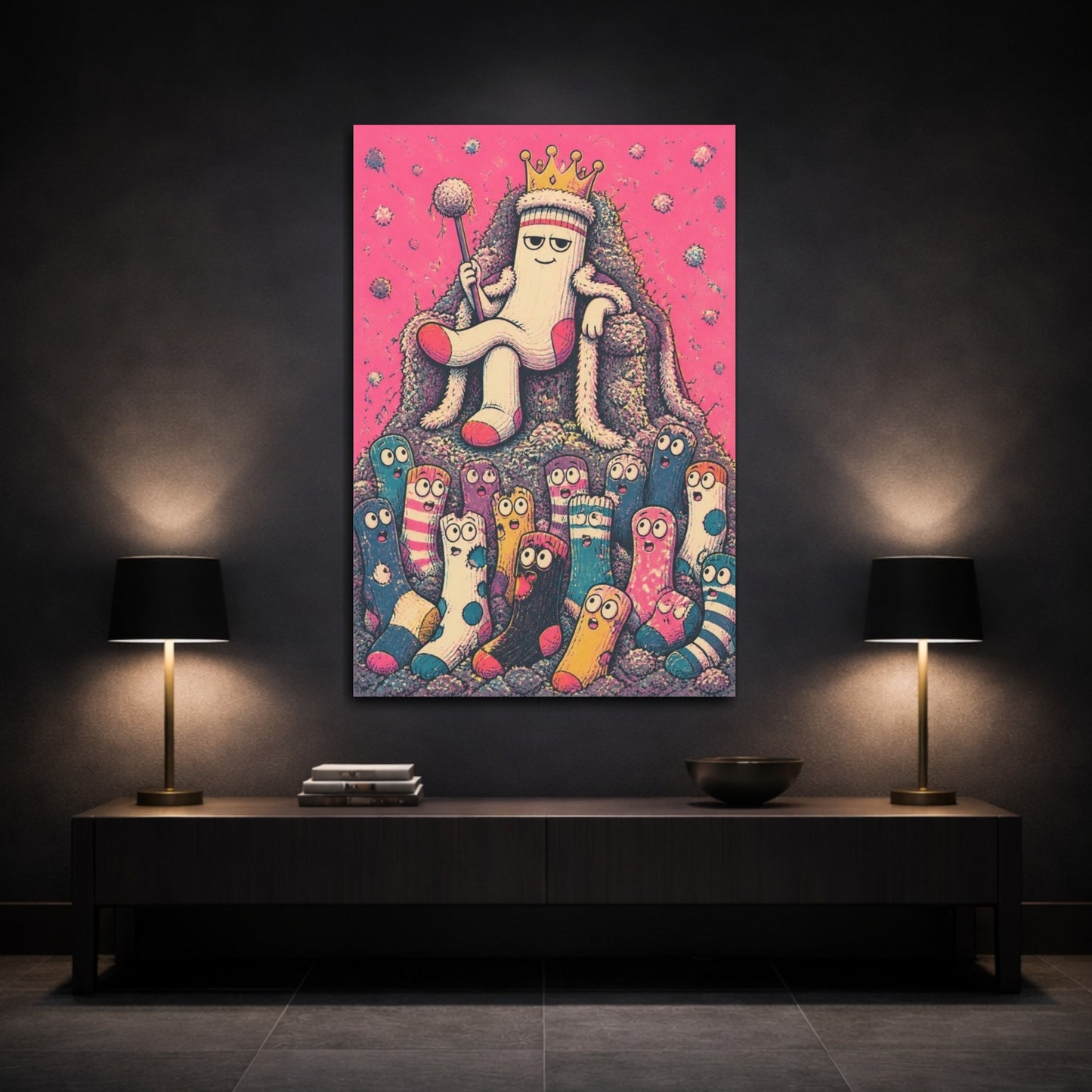 Mockup 3. Funny Sock King On Throne shown as canvas print