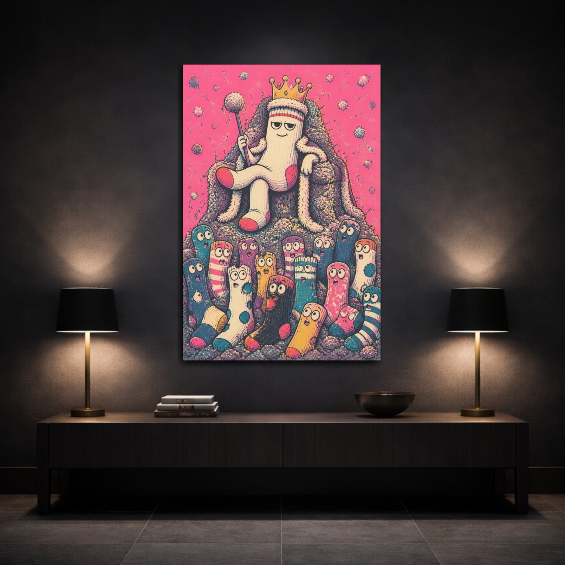 Mockup 3. Funny Sock King On Throne shown as canvas print