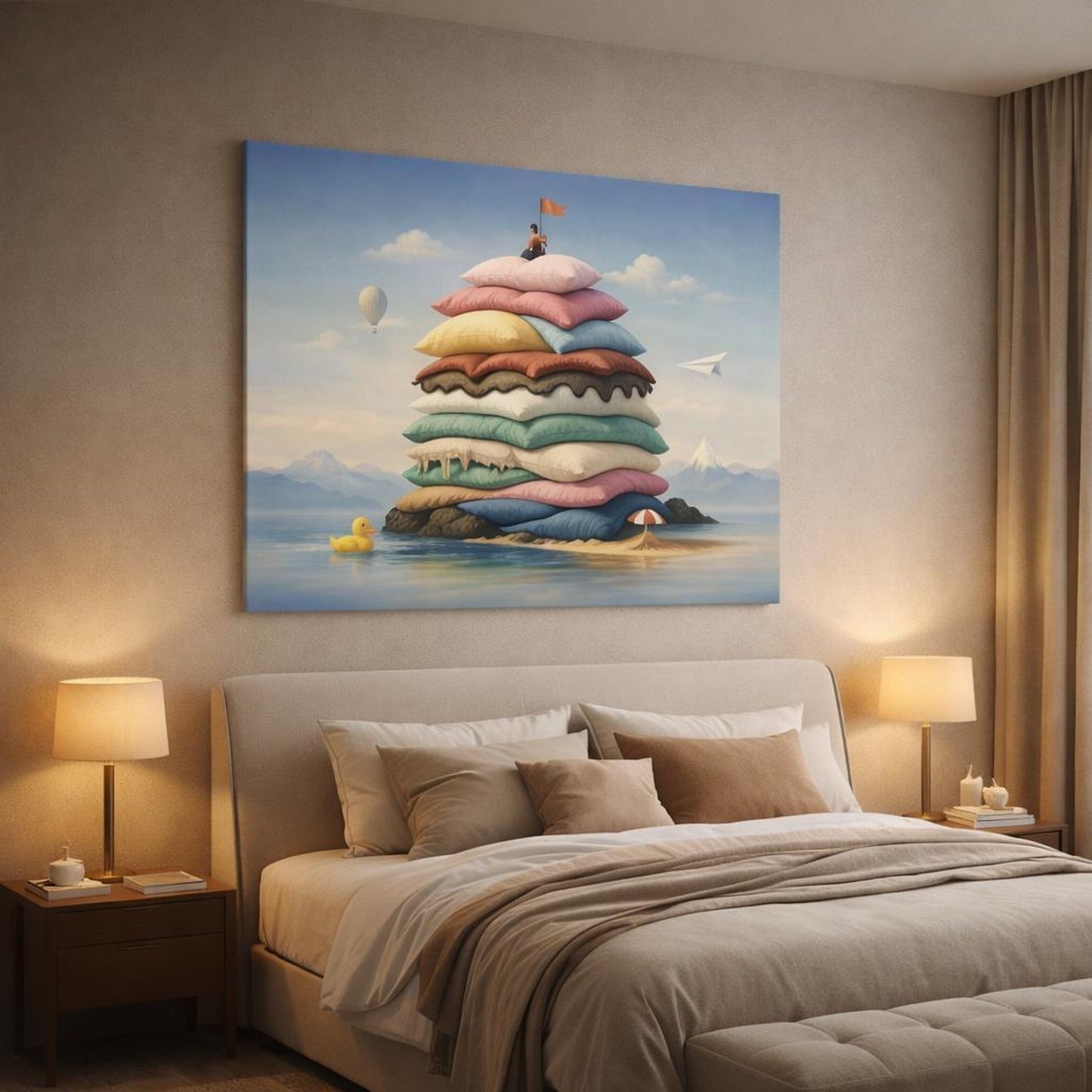Funny Soft Layers shown as canvas wall art in a luxury bedroom
