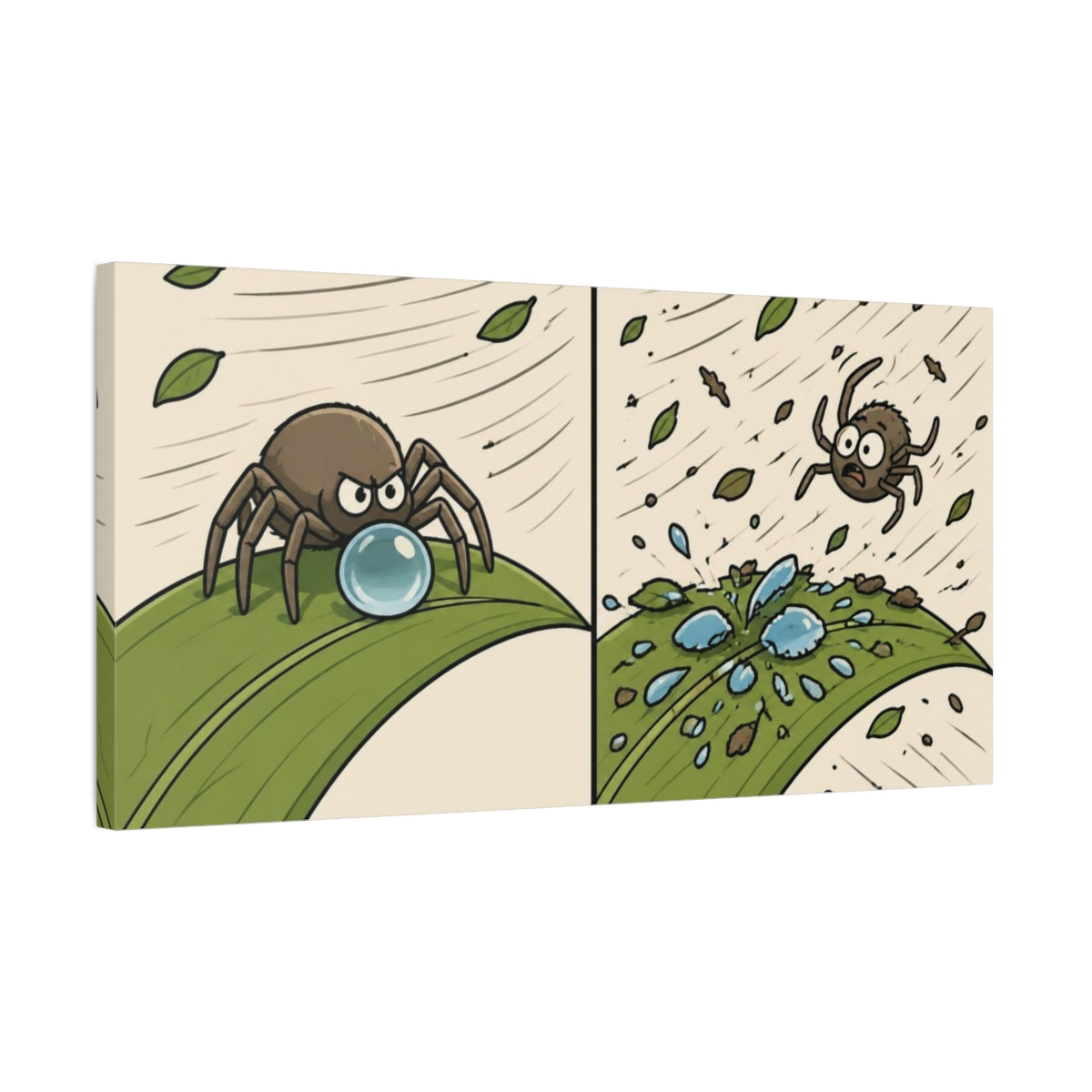 Side Mockup 1. Funny Spider And Dewdrop shown as canvas print