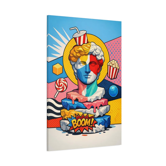 Main Mockup. Funny Statue Bust Colorful Pop Art shown as stretched canvas wall art