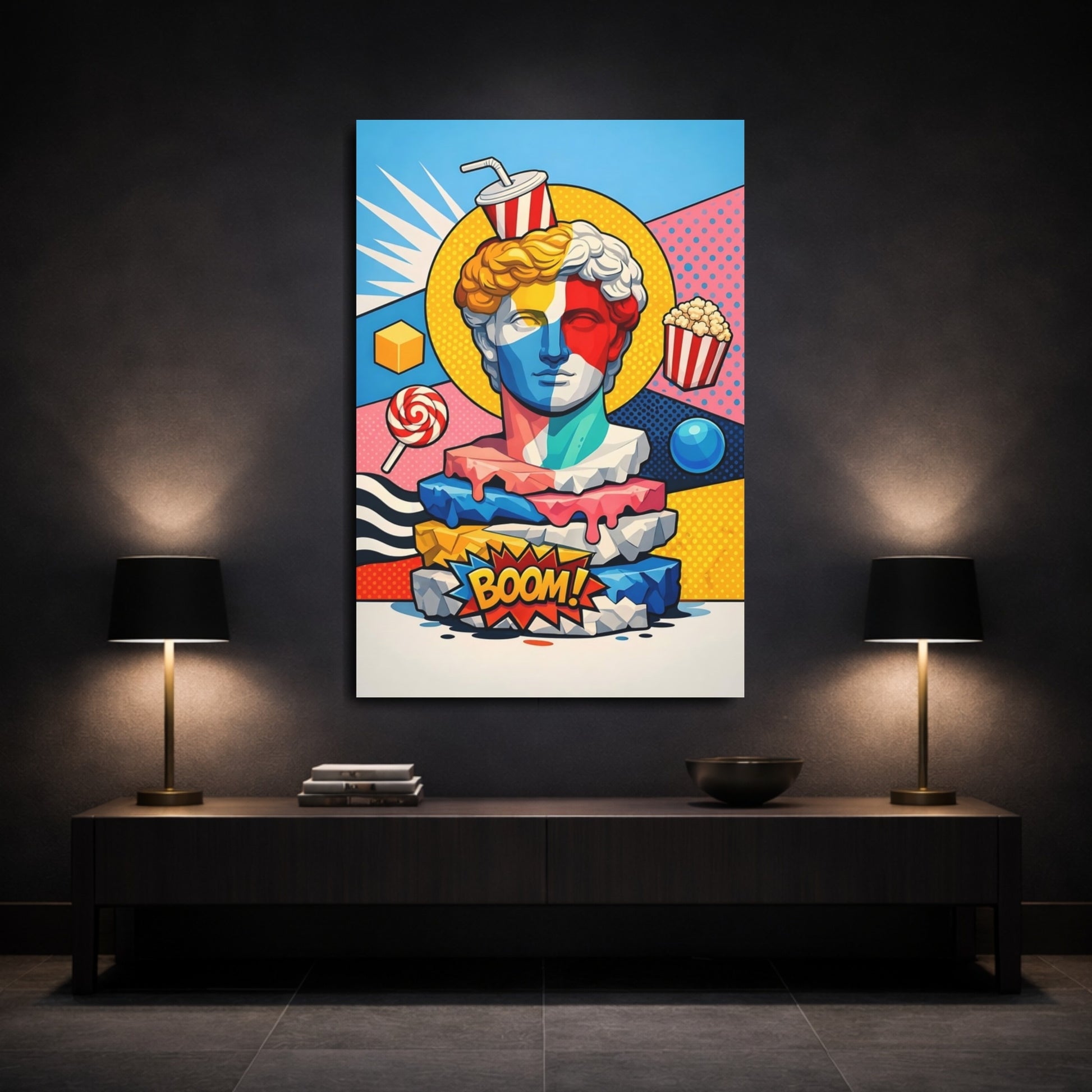 Mockup 2. Funny Statue Bust Colorful Pop Art shown as stretched canvas wall art