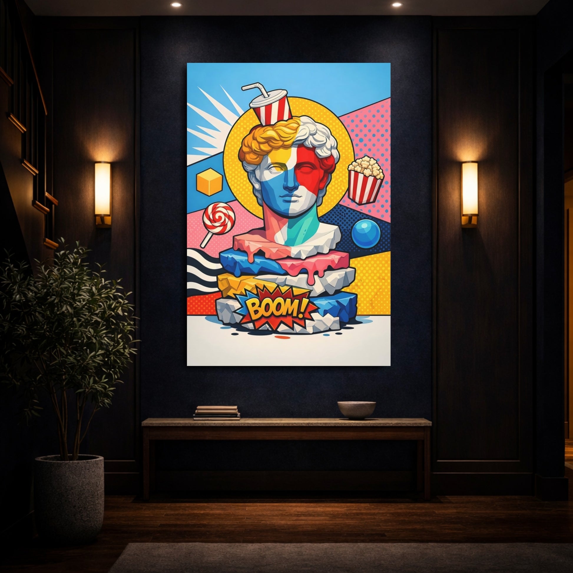 Mockup 3. Funny Statue Bust Colorful Pop Art shown as stretched canvas wall art