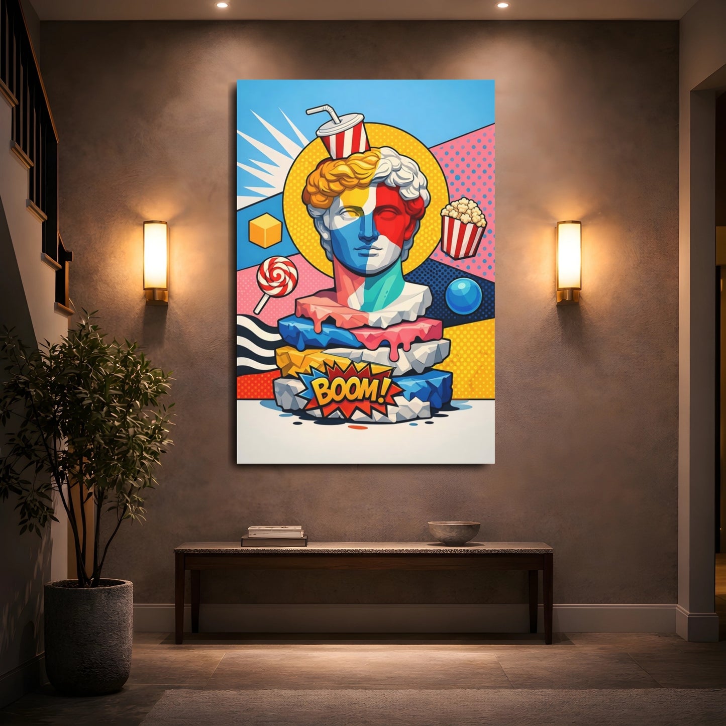 Mockup 4. Funny Statue Bust Colorful Pop Art shown as stretched canvas wall art