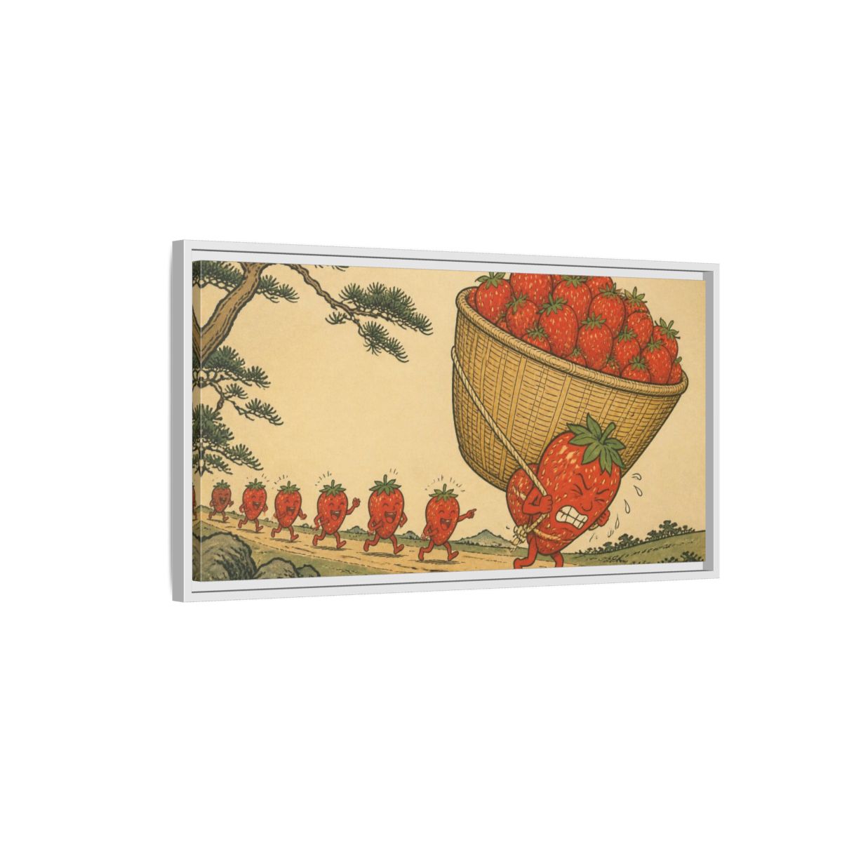 Side Mockup 1. Funny Strawberry Carrying Basket shown as framed canvas print