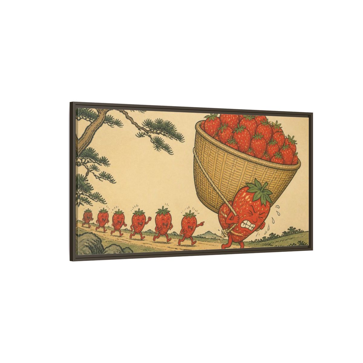 Side Mockup 4. Funny Strawberry Carrying Basket shown as framed canvas print